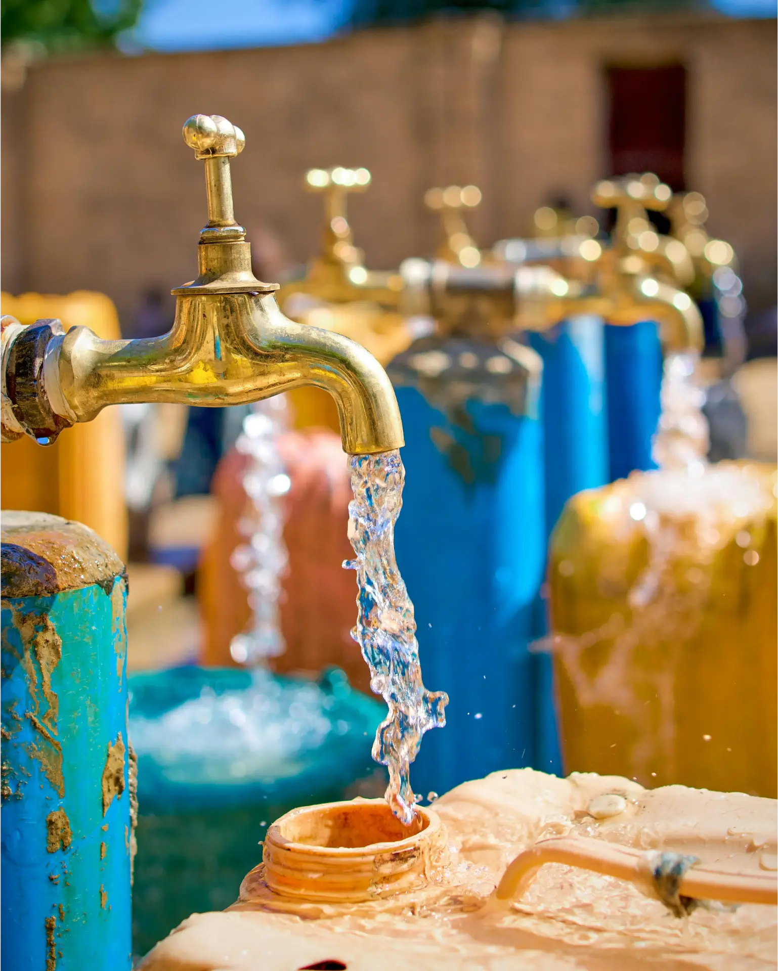 A row of open brass taps with clear water filling orange plastic drums, set in a rural area.