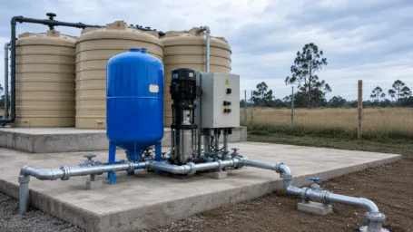 Four large beige JoJo water storage tanks interconnected with blue PVC piping, featuring a heavy-duty pressure gauge and blue ball valve manifold in the foreground on a grey brick wall background.