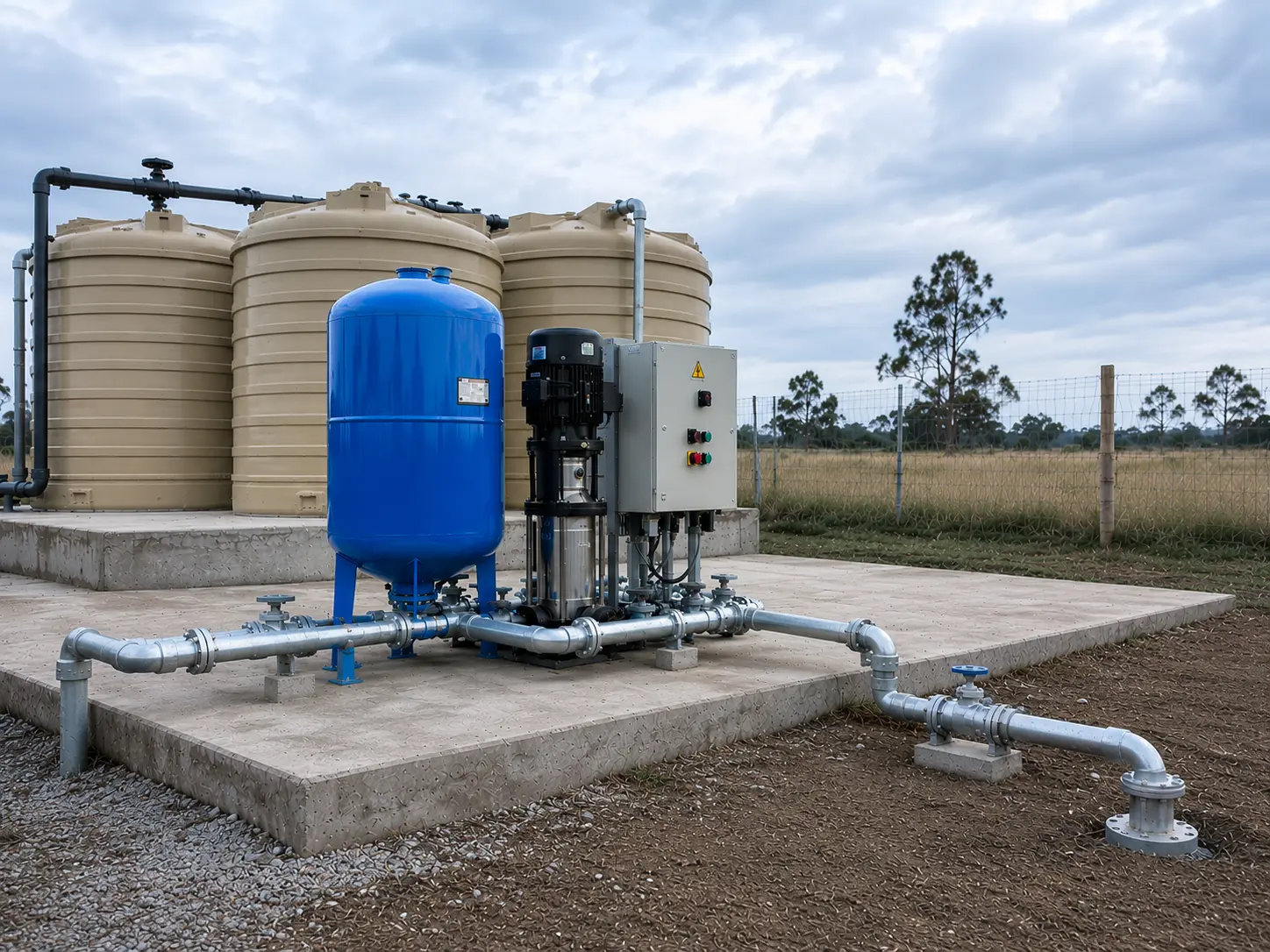 Four large beige JoJo water storage tanks interconnected with blue PVC piping, featuring a heavy-duty pressure gauge and blue ball valve manifold in the foreground on a grey brick wall background.