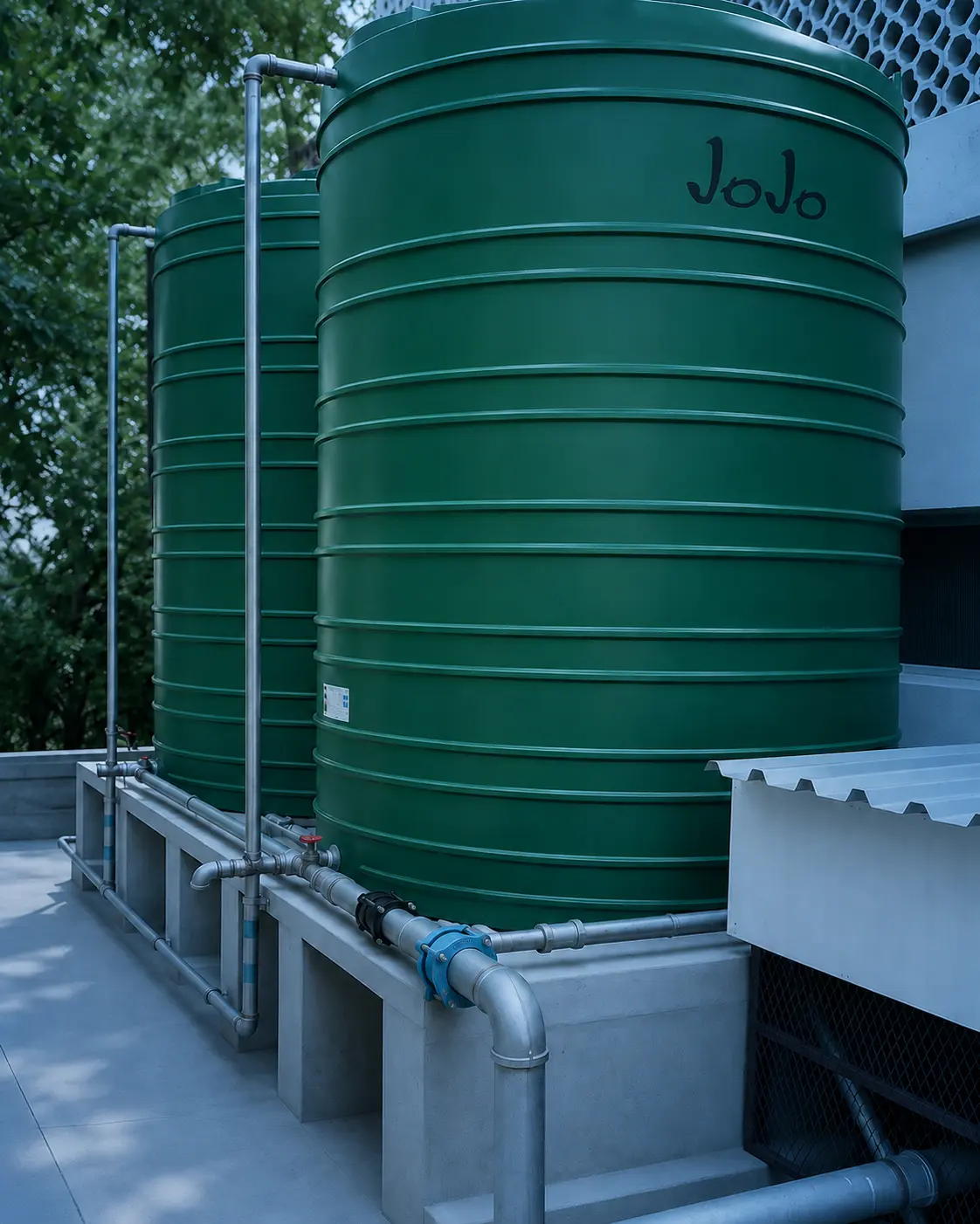 Two green vertical JoJo water storage tanks installed on elevated concrete plinths with neat galvanized steel inlet and outlet pipework.