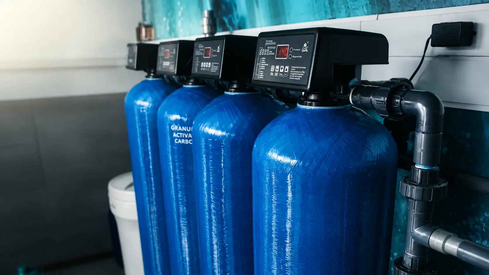 Blue fiberglass reinforced plastic (FRP) multi-stage water filtration vessels equipped with digital automatic control valves.