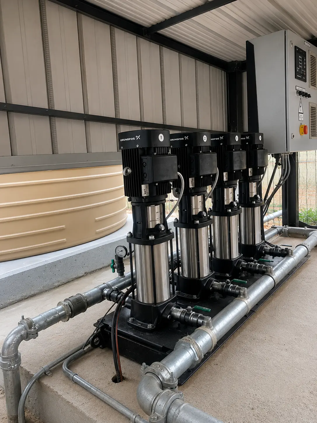 An industrial four-pump vertical multistage inline booster system built on a steel skid with an integrated electrical control panel.