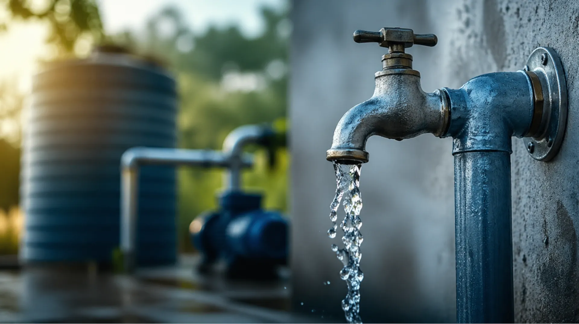 Water running from an outdoor tap next to a water pump installation