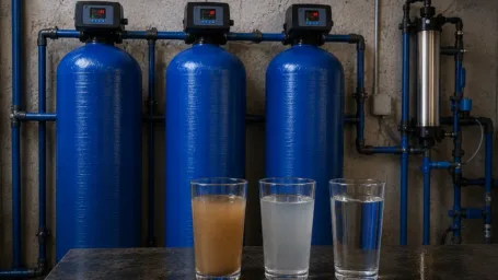 Three glasses demonstrating raw, iron-contaminated, and crystal-clear purified water samples in front of filtration equipment.
