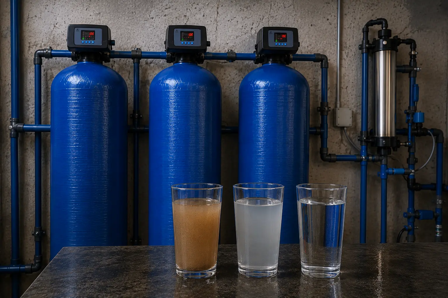 Three glasses demonstrating raw, iron-contaminated, and crystal-clear purified water samples in front of filtration equipment.