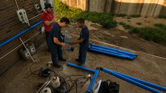 Water filtration technicians assembling blue PVC pressure piping and booster pump manifold systems on site.
