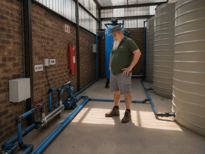 Filtration specialist inspecting a commercial water treatment facility featuring UV sterilizers, booster pumps, and vertical storage tanks.
