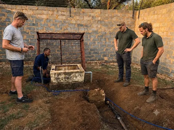 Documentary photograph of The Pump Guys technicians and a client observing a technical problem at a South African water chamber site. Focus is on quiet observation and shared judgment.