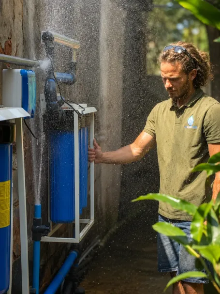 Technician inspecting a wall-mounted triple Big Blue water filtration system during a high-pressure line leak test.