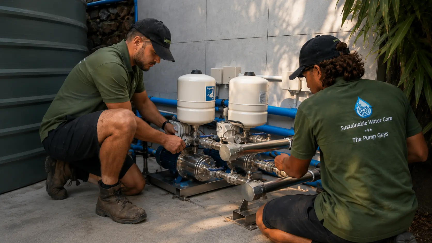 Two technicians installing and servicing a twin pressure booster pump system with expansion tanks next to a large water storage tank.