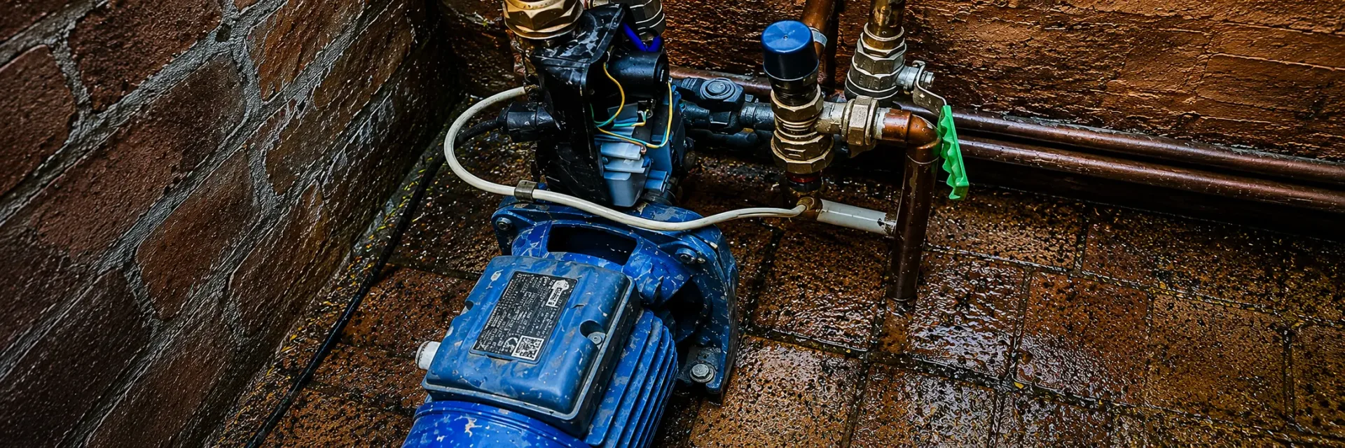 Outdoor blue water pressure pump installation with open electronic controller